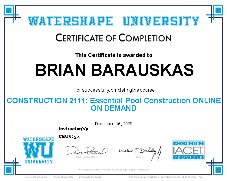 CONSTRUCTION 2111: Essential Pool Construction ONLINE ON DEMAND Certificate