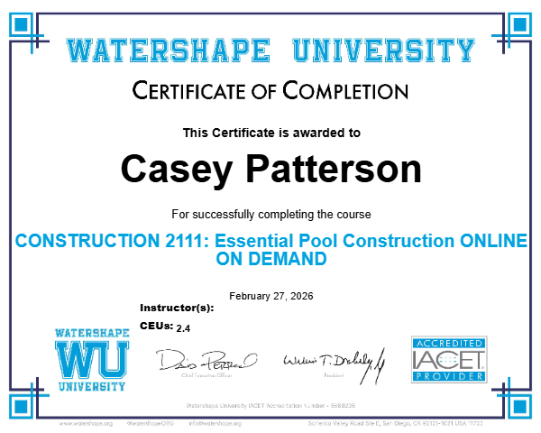 CONSTRUCTION 2111: Essential Pool Construction ONLINE ON DEMAND Certificate