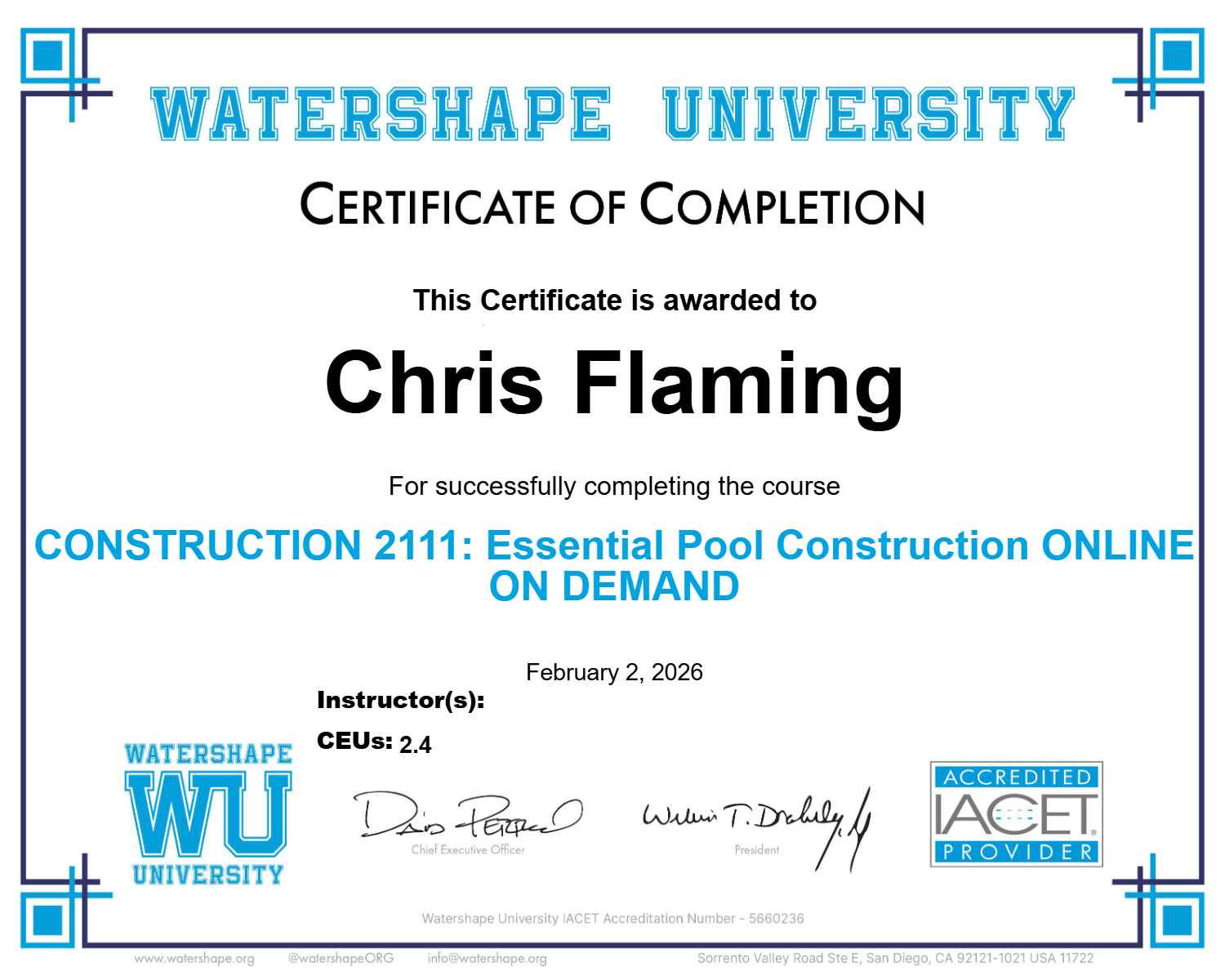 CONSTRUCTION 2111: Essential Pool Construction ONLINE ON DEMAND Certificate