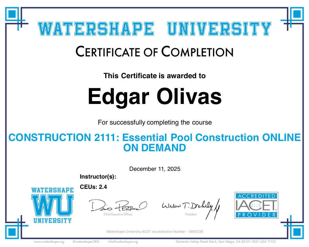 CONSTRUCTION 2111: Essential Pool Construction ONLINE ON DEMAND Certificate