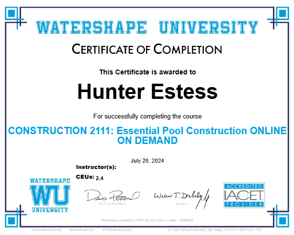 CONSTRUCTION 2111: Essential Pool Construction ONLINE ON DEMAND Certificate
