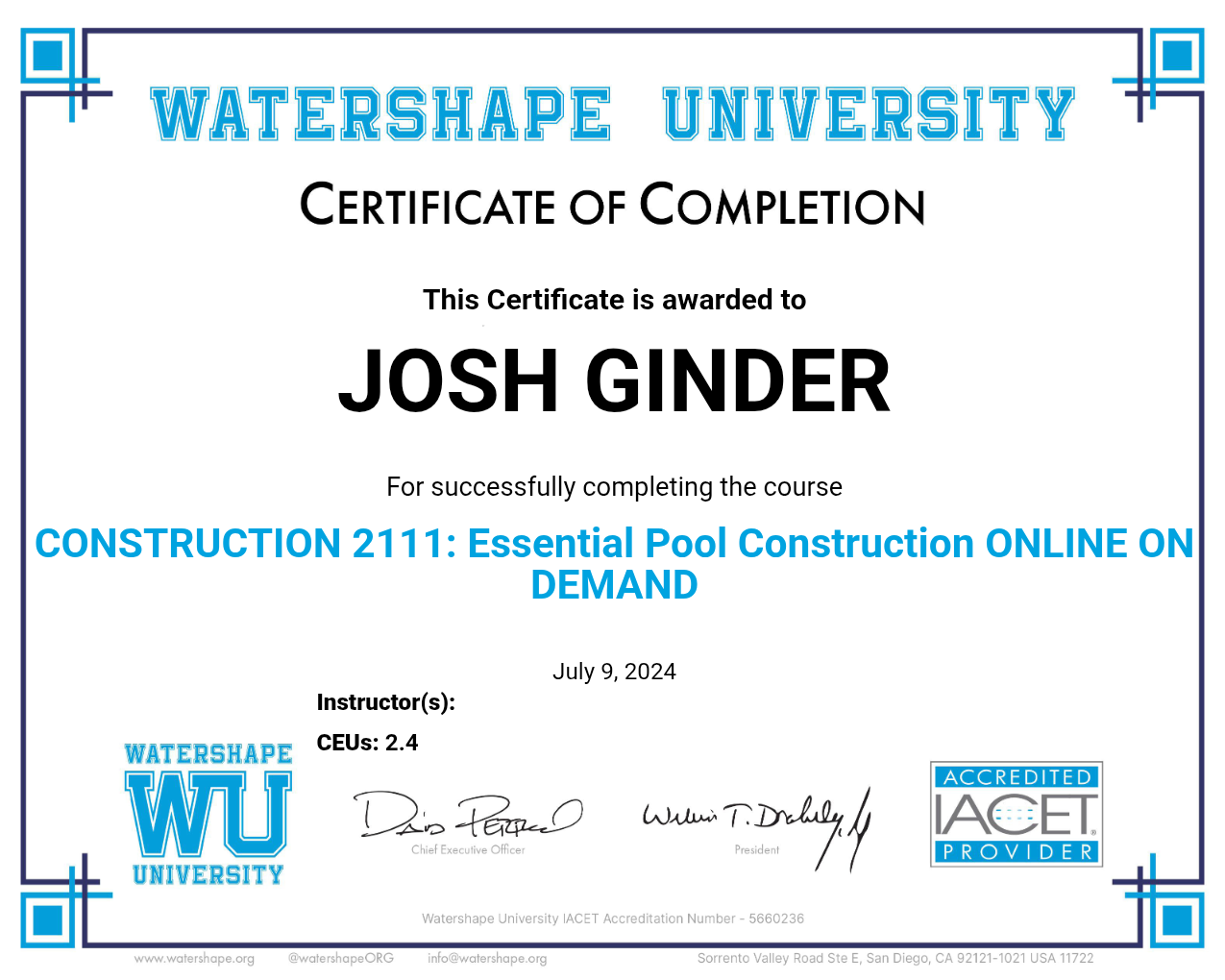 CONSTRUCTION 2111: Essential Pool Construction ONLINE ON DEMAND Certificate