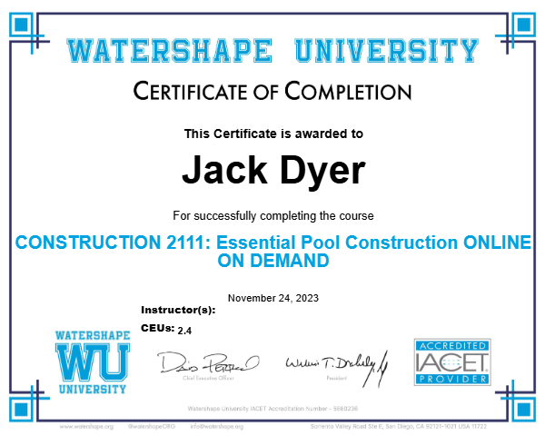 CONSTRUCTION 2111: Essential Pool Construction ONLINE ON DEMAND Certificate