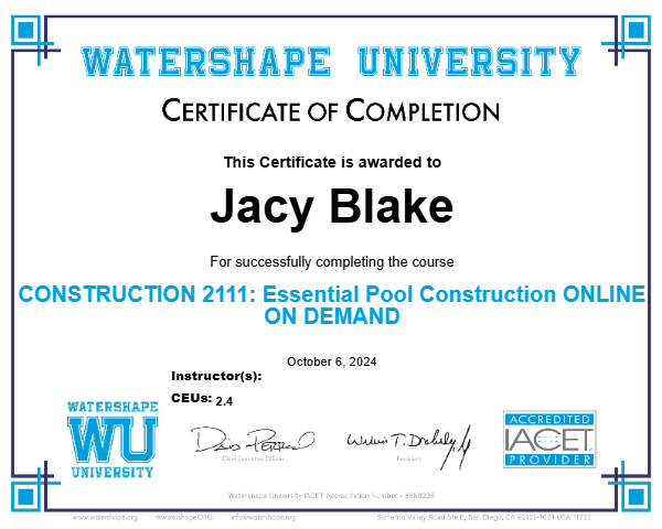CONSTRUCTION 2111: Essential Pool Construction ONLINE ON DEMAND Certificate