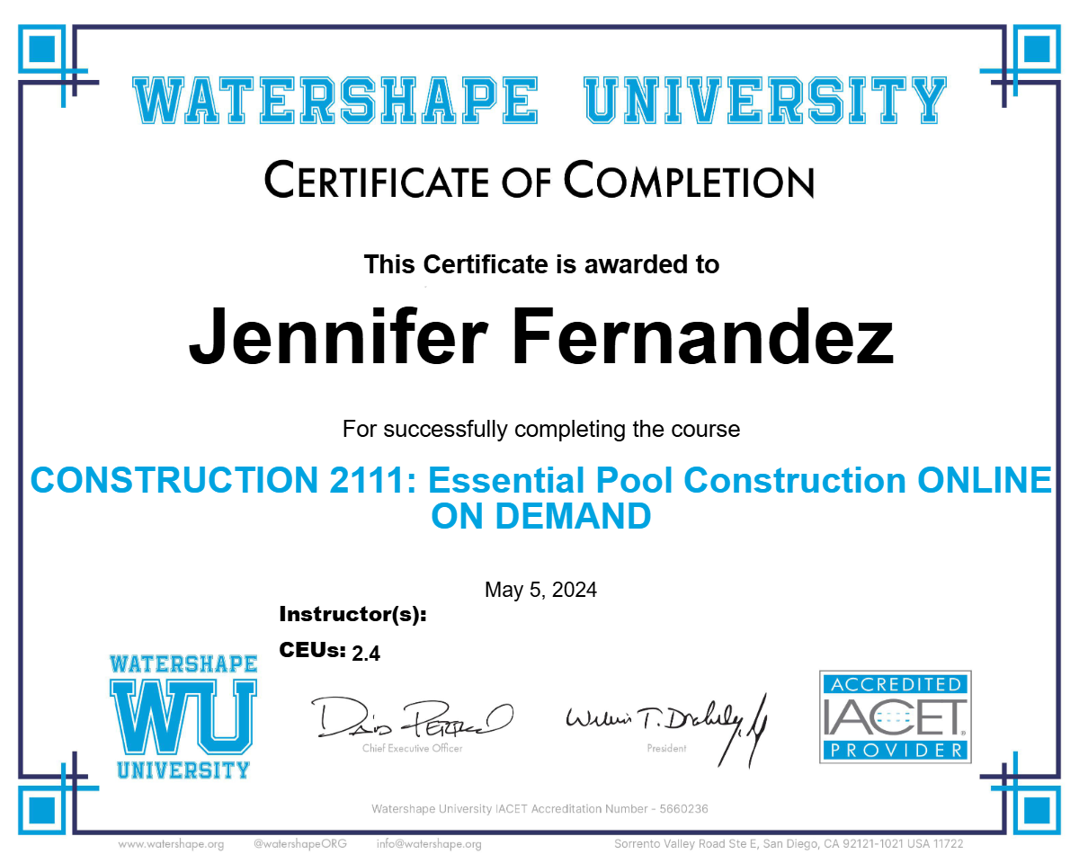 CONSTRUCTION 2111: Essential Pool Construction ONLINE ON DEMAND Certificate
