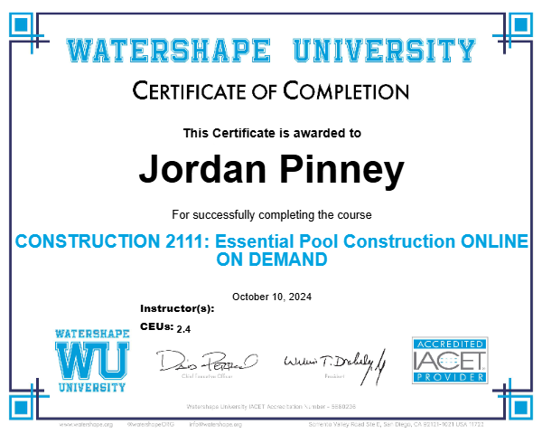 CONSTRUCTION 2111: Essential Pool Construction ONLINE ON DEMAND Certificate