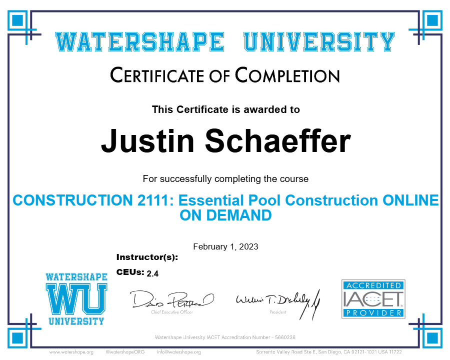 CONSTRUCTION 2111: Essential Pool Construction ONLINE ON DEMAND Certificate
