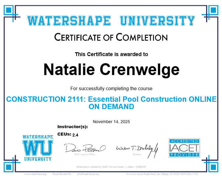 CONSTRUCTION 2111: Essential Pool Construction ONLINE ON DEMAND Certificate