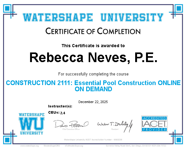 CONSTRUCTION 2111: Essential Pool Construction ONLINE ON DEMAND Certificate