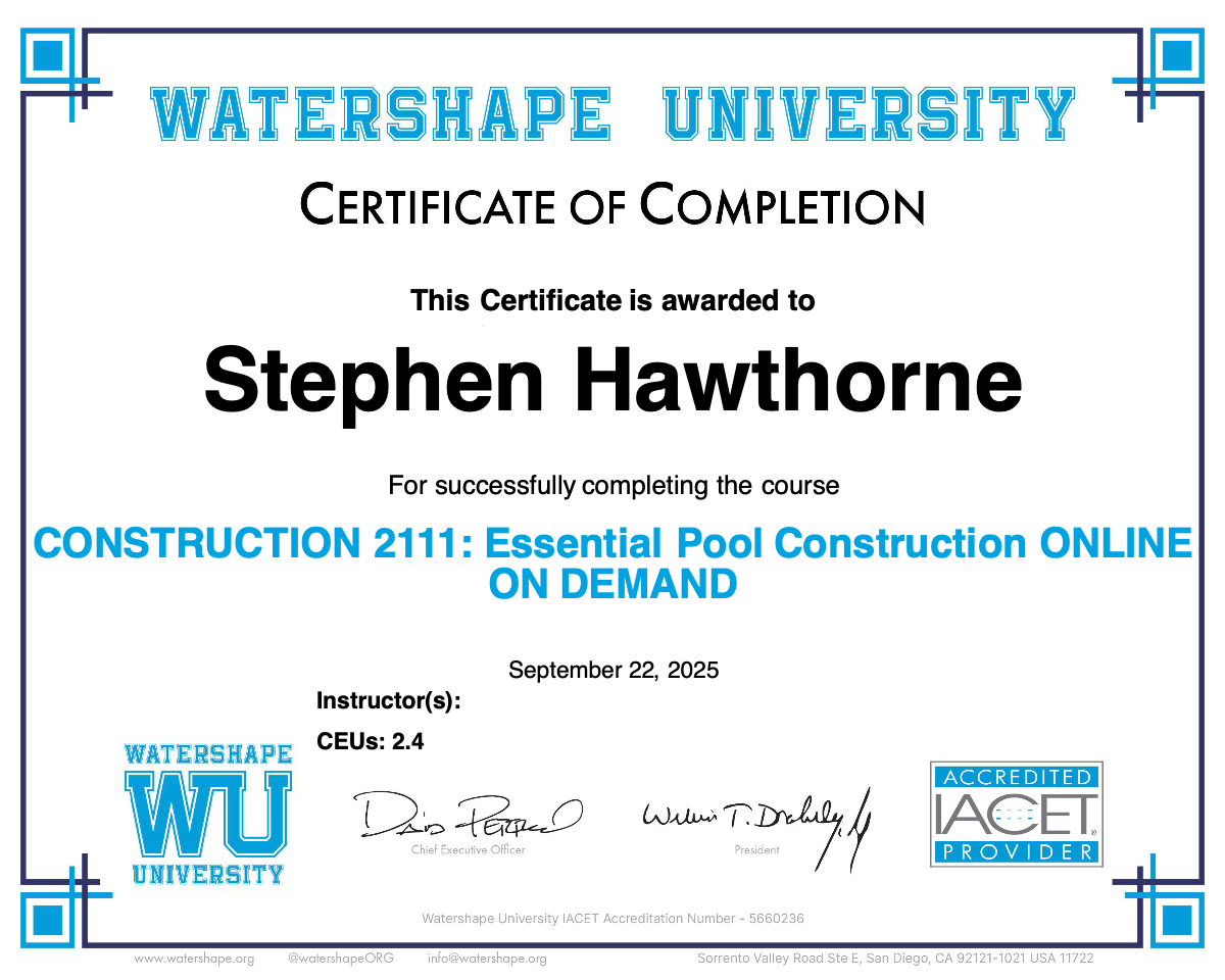 CONSTRUCTION 2111: Essential Pool Construction ONLINE ON DEMAND Certificate