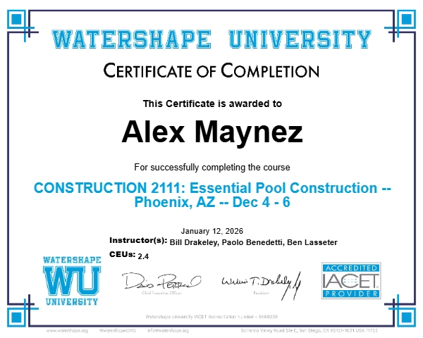CONSTRUCTION 2111: Essential Pool Construction -- Phoenix, AZ -- Dec 4 - 6 Certificate