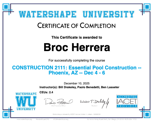CONSTRUCTION 2111: Essential Pool Construction -- Phoenix, AZ -- Dec 4 - 6 Certificate