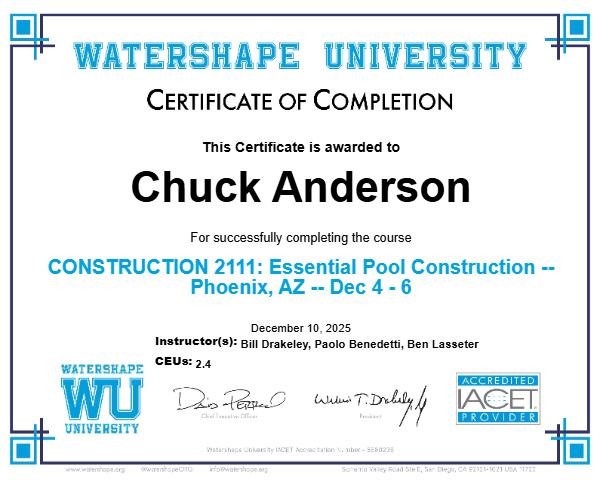 CONSTRUCTION 2111: Essential Pool Construction -- Phoenix, AZ -- Dec 4 - 6 Certificate
