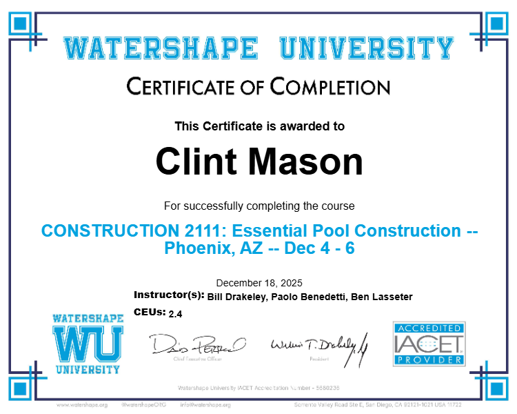 CONSTRUCTION 2111: Essential Pool Construction -- Phoenix, AZ -- Dec 4 - 6 Certificate