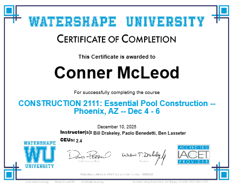CONSTRUCTION 2111: Essential Pool Construction -- Phoenix, AZ -- Dec 4 - 6 Certificate