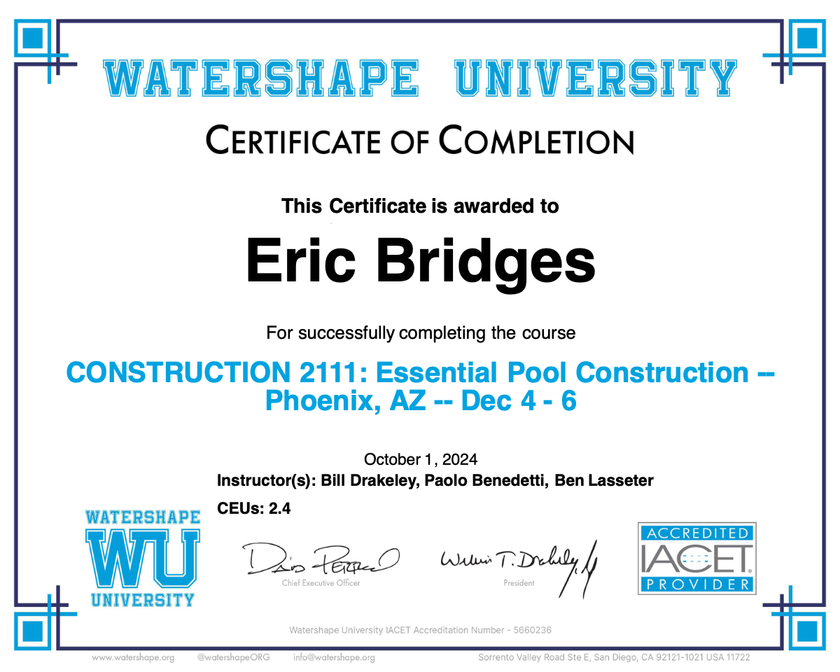 CONSTRUCTION 2111: Essential Pool Construction -- Phoenix, AZ -- Dec 4 - 6 Certificate