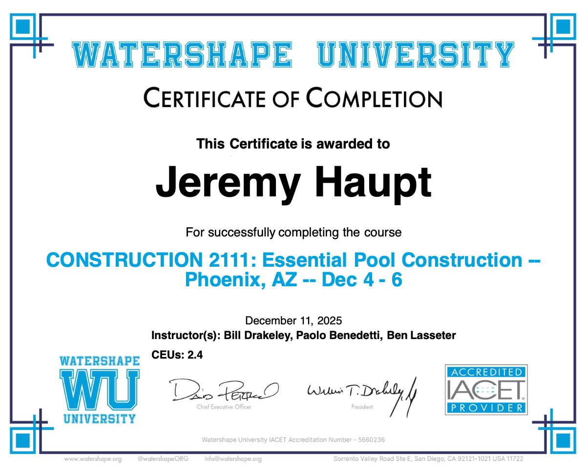 CONSTRUCTION 2111: Essential Pool Construction -- Phoenix, AZ -- Dec 4 - 6 Certificate
