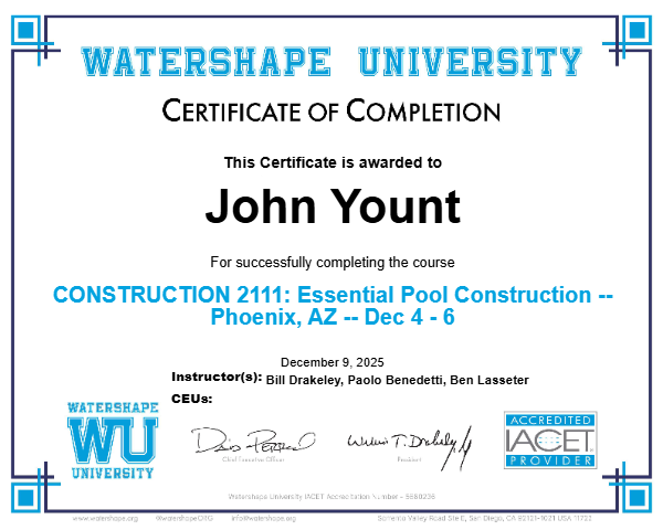 CONSTRUCTION 2111: Essential Pool Construction -- Phoenix, AZ -- Dec 4 - 6 Certificate