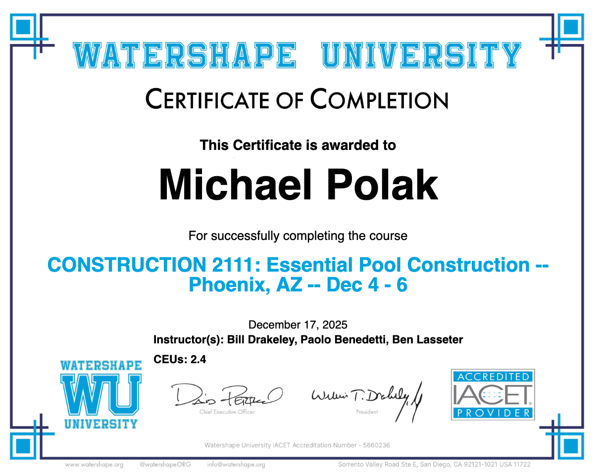 CONSTRUCTION 2111: Essential Pool Construction -- Phoenix, AZ -- Dec 4 - 6 Certificate