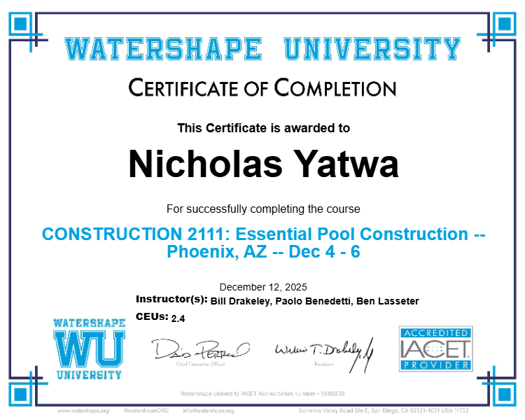CONSTRUCTION 2111: Essential Pool Construction -- Phoenix, AZ -- Dec 4 - 6 Certificate