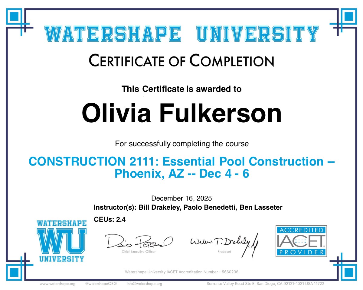 CONSTRUCTION 2111: Essential Pool Construction -- Phoenix, AZ -- Dec 4 - 6 Certificate