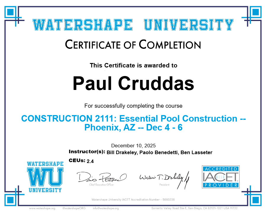 CONSTRUCTION 2111: Essential Pool Construction -- Phoenix, AZ -- Dec 4 - 6 Certificate