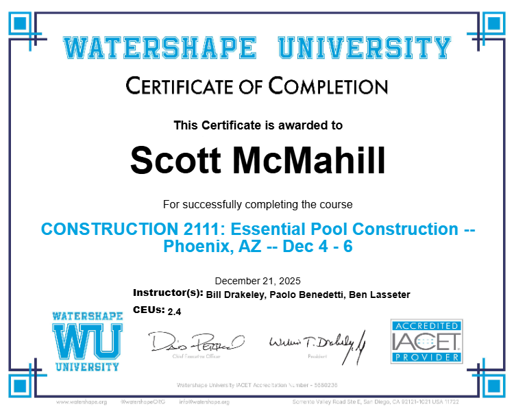 CONSTRUCTION 2111: Essential Pool Construction -- Phoenix, AZ -- Dec 4 - 6 Certificate