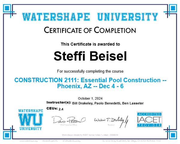 CONSTRUCTION 2111: Essential Pool Construction -- Phoenix, AZ -- Dec 4 - 6 Certificate