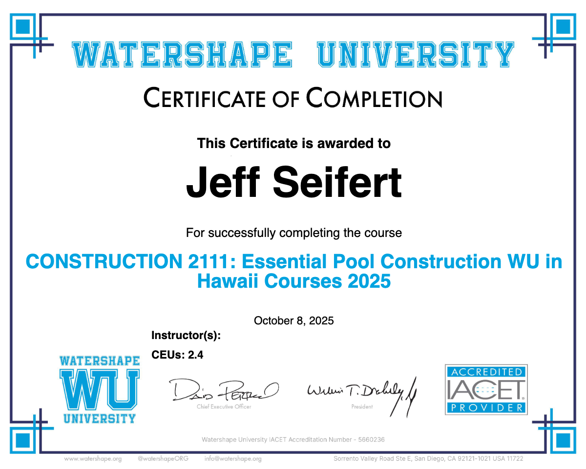 CONSTRUCTION 2111: Essential Pool Construction WU in Hawaii Courses 2025 Certificate