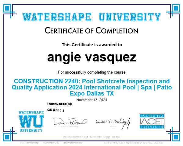 CONSTRUCTION 2240: Pool Shotcrete Inspection and Quality Application 2024 International Pool | Spa | Patio Expo Dallas TX Certificate