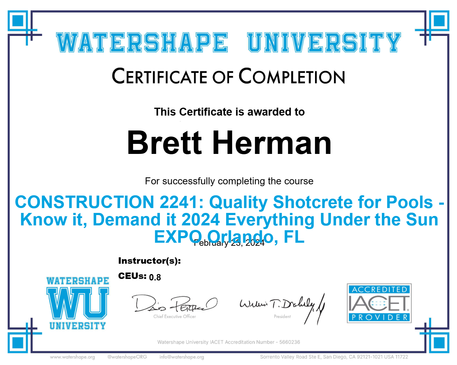 CONSTRUCTION 2241: Quality Shotcrete for Pools - Know it, Demand it 2024 Everything Under the Sun EXPO Orlando, FL Certificate
