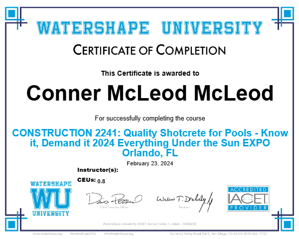 CONSTRUCTION 2241: Quality Shotcrete for Pools - Know it, Demand it 2024 Everything Under the Sun EXPO Orlando, FL Certificate