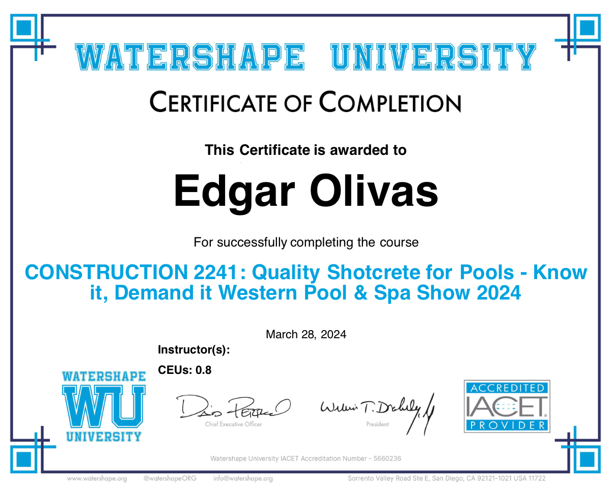 CONSTRUCTION 2241: Quality Shotcrete for Pools - Know it, Demand it Western Pool & Spa Show 2024 Certificate