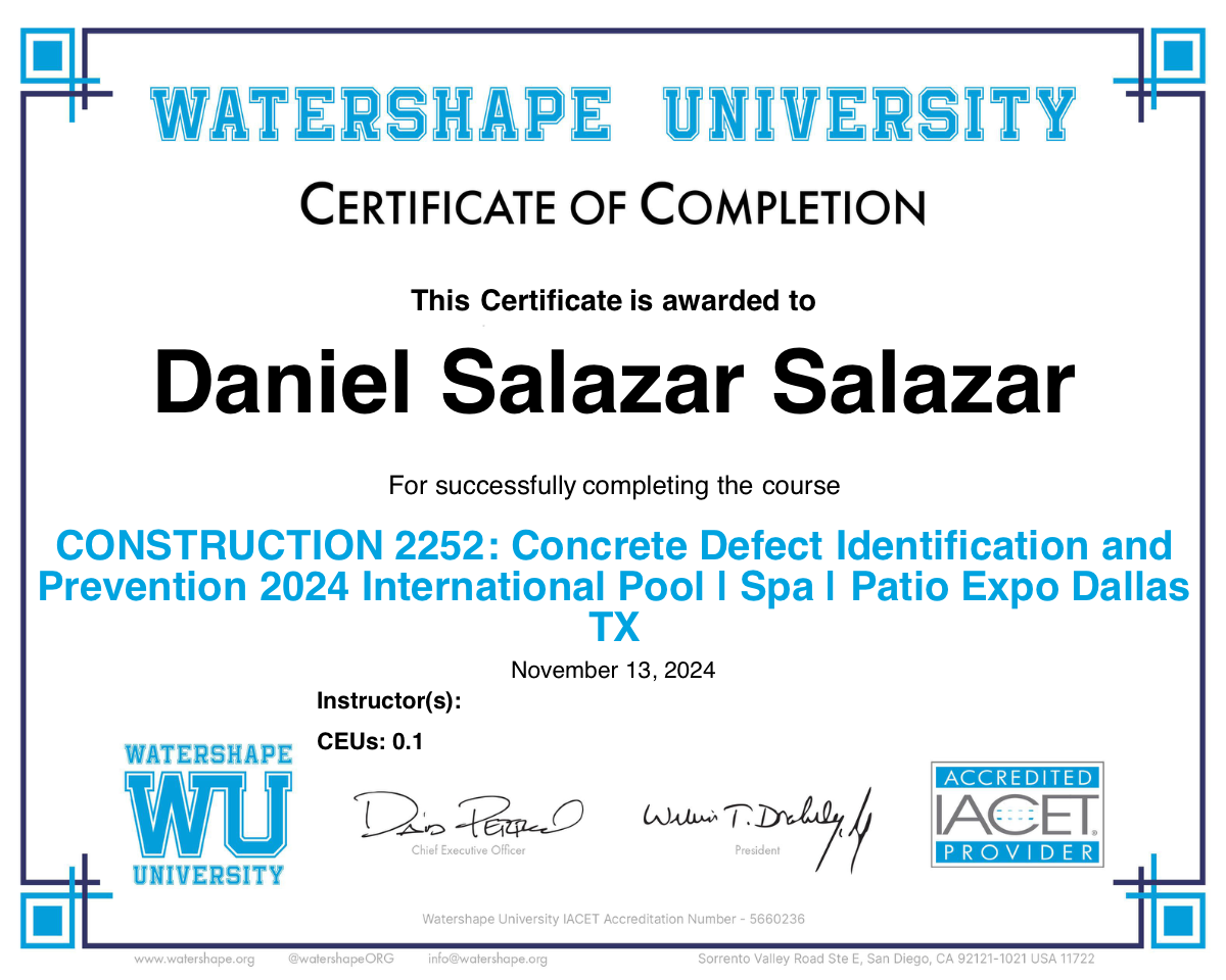 CONSTRUCTION 2252: Concrete Defect Identification and Prevention 2024 International Pool | Spa | Patio Expo Dallas TX Certificate