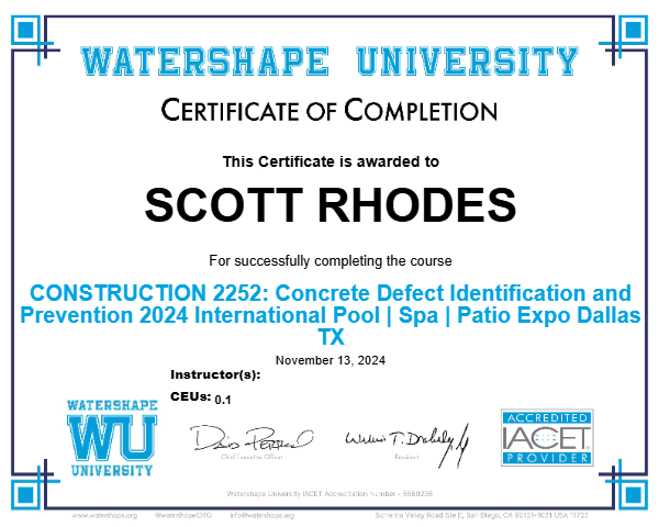 CONSTRUCTION 2252: Concrete Defect Identification and Prevention 2024 International Pool | Spa | Patio Expo Dallas TX Certificate