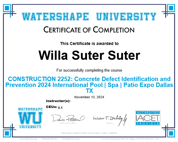 CONSTRUCTION 2252: Concrete Defect Identification and Prevention 2024 International Pool | Spa | Patio Expo Dallas TX Certificate