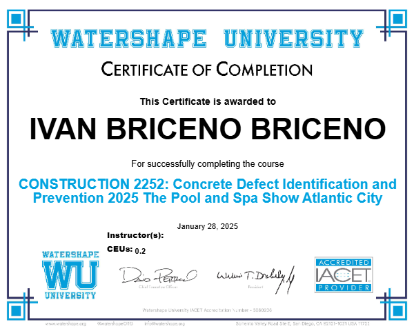 CONSTRUCTION 2252: Concrete Defect Identification and Prevention 2025 The Pool and Spa Show Atlantic City Certificate
