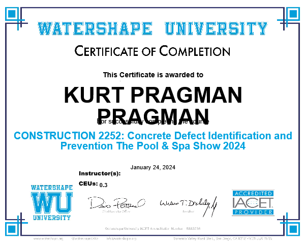 CONSTRUCTION 2252: Concrete Defect Identification and Prevention The Pool & Spa Show 2024 Certificate
