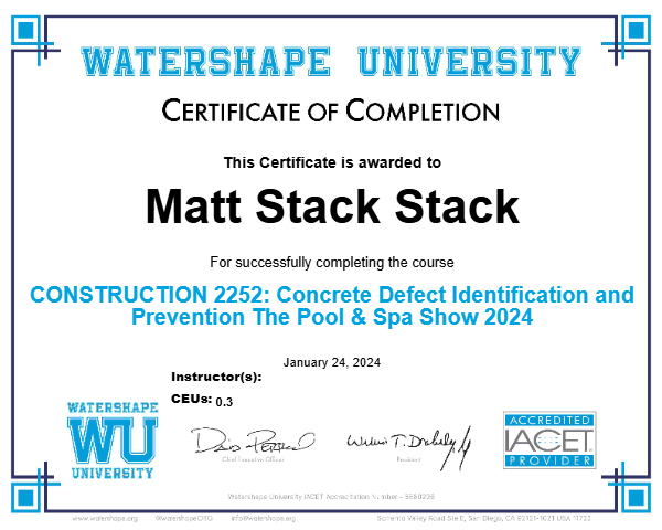 CONSTRUCTION 2252: Concrete Defect Identification and Prevention The Pool & Spa Show 2024 Certificate