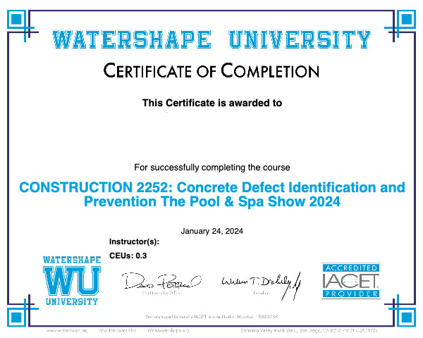 CONSTRUCTION 2252: Concrete Defect Identification and Prevention The Pool & Spa Show 2024 Certificate