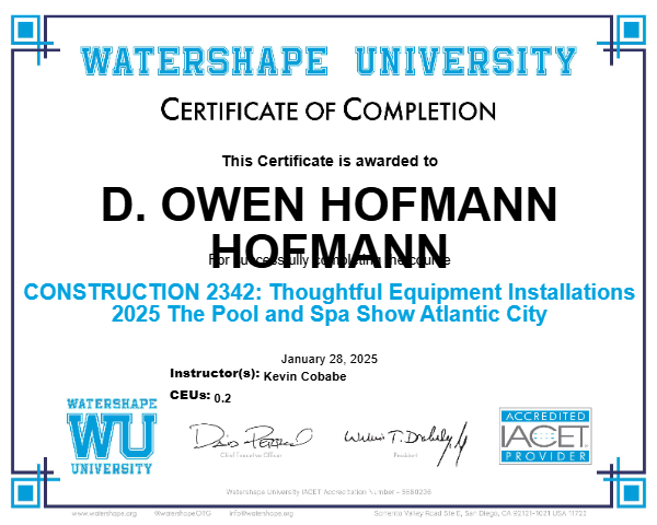 CONSTRUCTION 2342: Thoughtful Equipment Installations 2025 The Pool and Spa Show Atlantic City Certificate