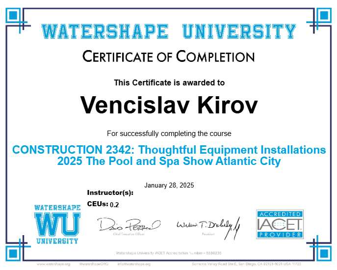CONSTRUCTION 2342: Thoughtful Equipment Installations 2025 The Pool and Spa Show Atlantic City Certificate