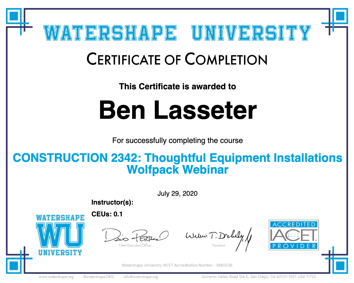CONSTRUCTION 2342: Thoughtful Equipment Installations Wolfpack Webinar Certificate