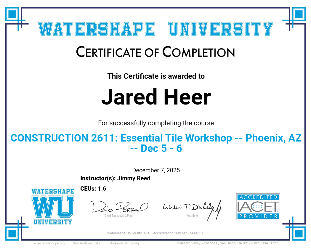 CONSTRUCTION 2611: Essential Tile Workshop -- Phoenix, AZ -- Dec 5 - 6 Certificate