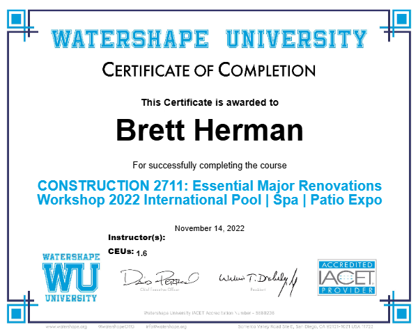 CONSTRUCTION 2711: Essential Major Renovations Workshop 2022 International Pool | Spa | Patio Expo Certificate