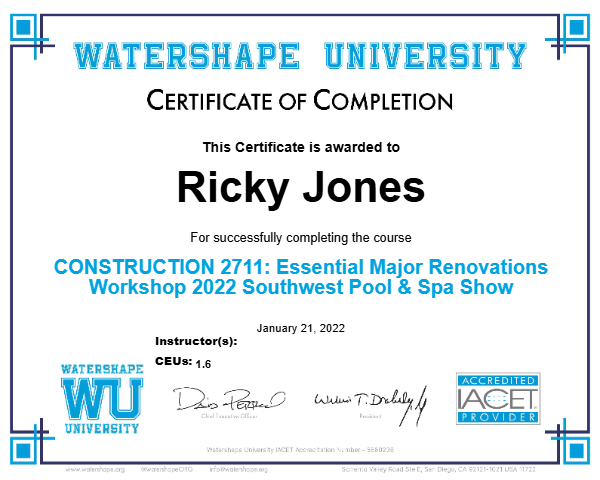 CONSTRUCTION 2711: Essential Major Renovations Workshop 2022 Southwest Pool & Spa Show Certificate