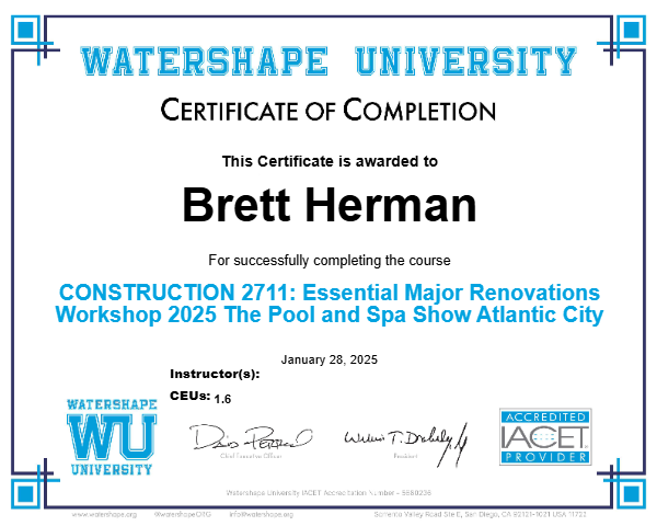 CONSTRUCTION 2711: Essential Major Renovations Workshop 2025 The Pool and Spa Show Atlantic City Certificate