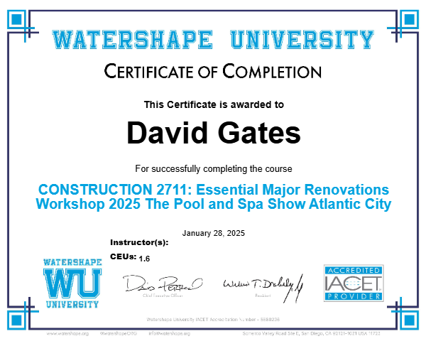 CONSTRUCTION 2711: Essential Major Renovations Workshop 2025 The Pool and Spa Show Atlantic City Certificate