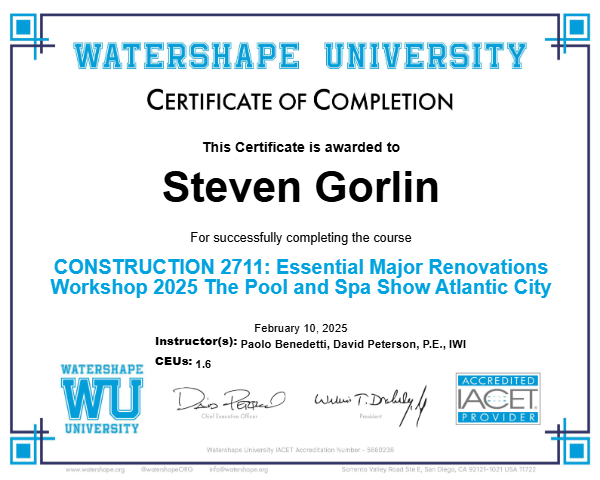 CONSTRUCTION 2711: Essential Major Renovations Workshop 2025 The Pool and Spa Show Atlantic City Certificate