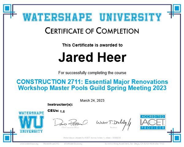 CONSTRUCTION 2711: Essential Major Renovations Workshop Master Pools Guild Spring Meeting 2023 Certificate